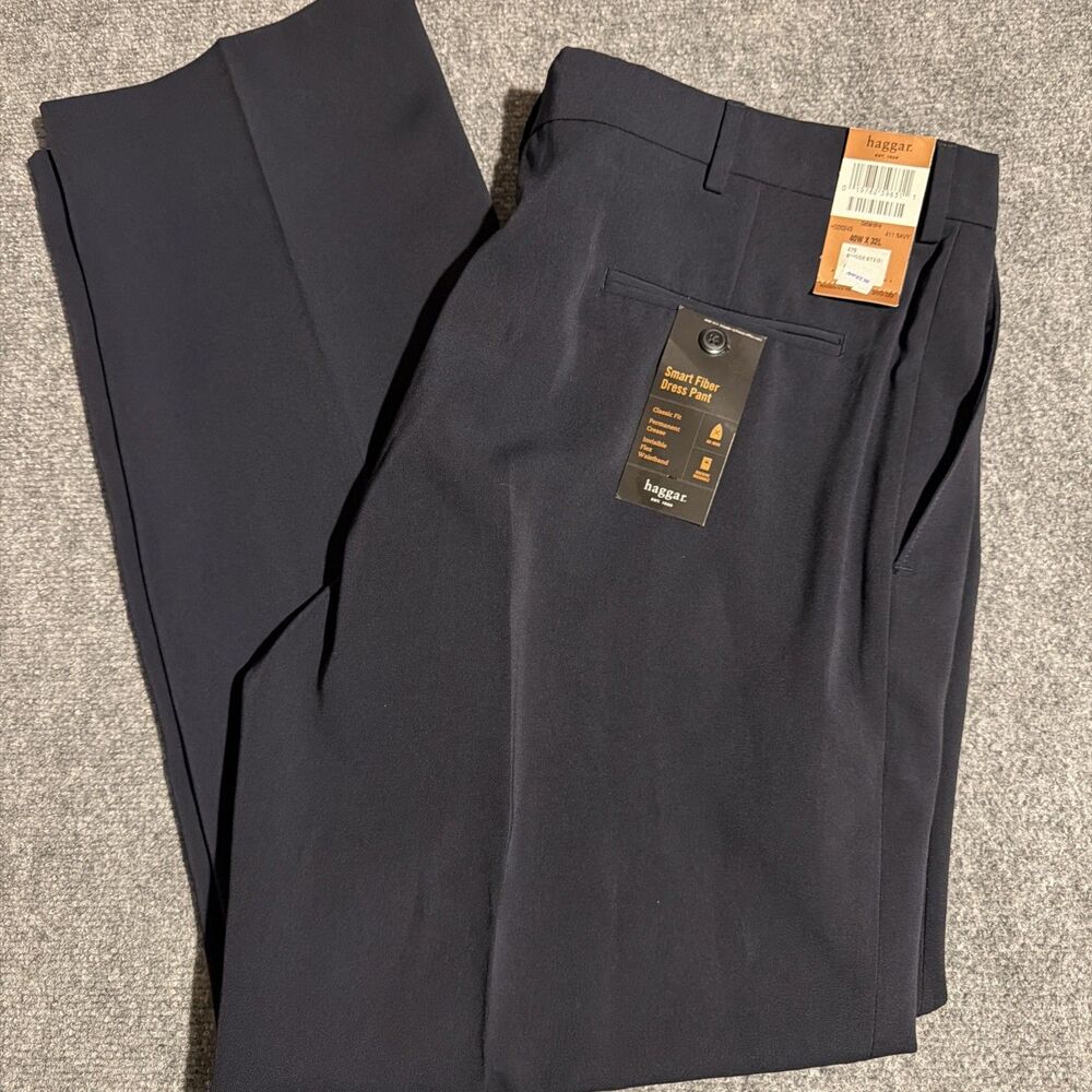 NEW Haggar Dress Pants Mens 40x32 Navy Blue Flex Waistband No Iron Perma Crease